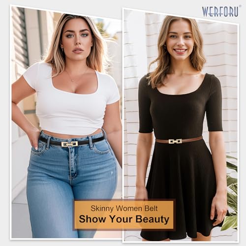 WERFORU Women 2 Pack Skinny Belt for Dress,Thin Waist Belt Adjustable Leather Belt with Gold/Silver Buckle4