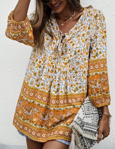 KAYWIDE Women's Casual Boho V Neck Top Loose Floral Printed Long Sleeve Beach Shirts Blouses2