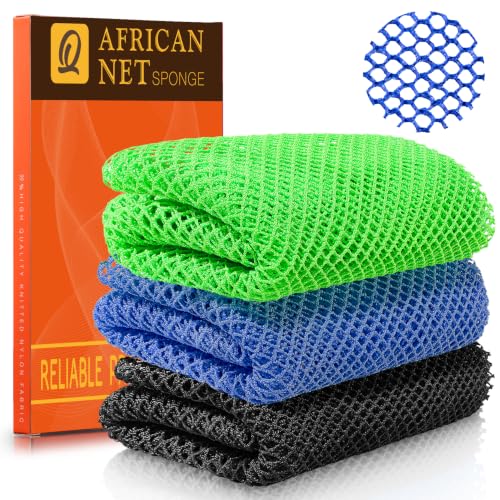 Image of UJFQBH African Net Sponge Authentic 3 Pack, the Gentle Exfoliating Body Scrubber that Unclogs Pores, Reaches Your Back, Dries Fast, and Leaves Skin Smooth Day After Day(Black,Blue,Green)