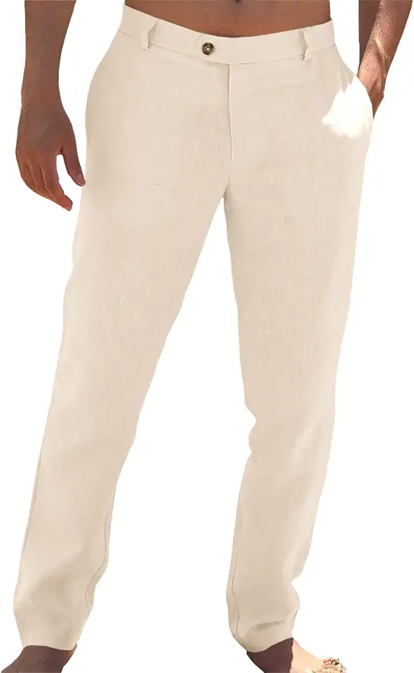 Runcati Mens Casual Pants Elastic Waist Linen Lightweight Straight-Legs Loose Fit Summer Beach Yoga Trousers Global Recycled Standard