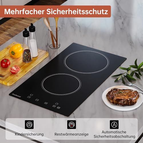 Gudsunal Domino Kochfeld, 2-Platten Glaskeramikkochfeld mit Stecker, 3000W, 9 Heizstufen, 1-99 Minuten Timer, Touch-Steuerung, Automatische Abschaltung, Kindersicherung,Mattschwarz