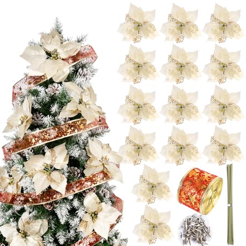 BOFUNX 20pcs Flores Navideñas Flor de Pascua Artificial+10m de Cintas Navideñas de Organza Adornos...
