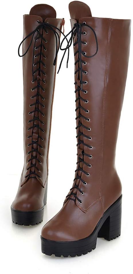 MFairy Women's Lace-up Strappy Knee High Combat Stacked Heel Boot Chunky Heel Platform Shoes