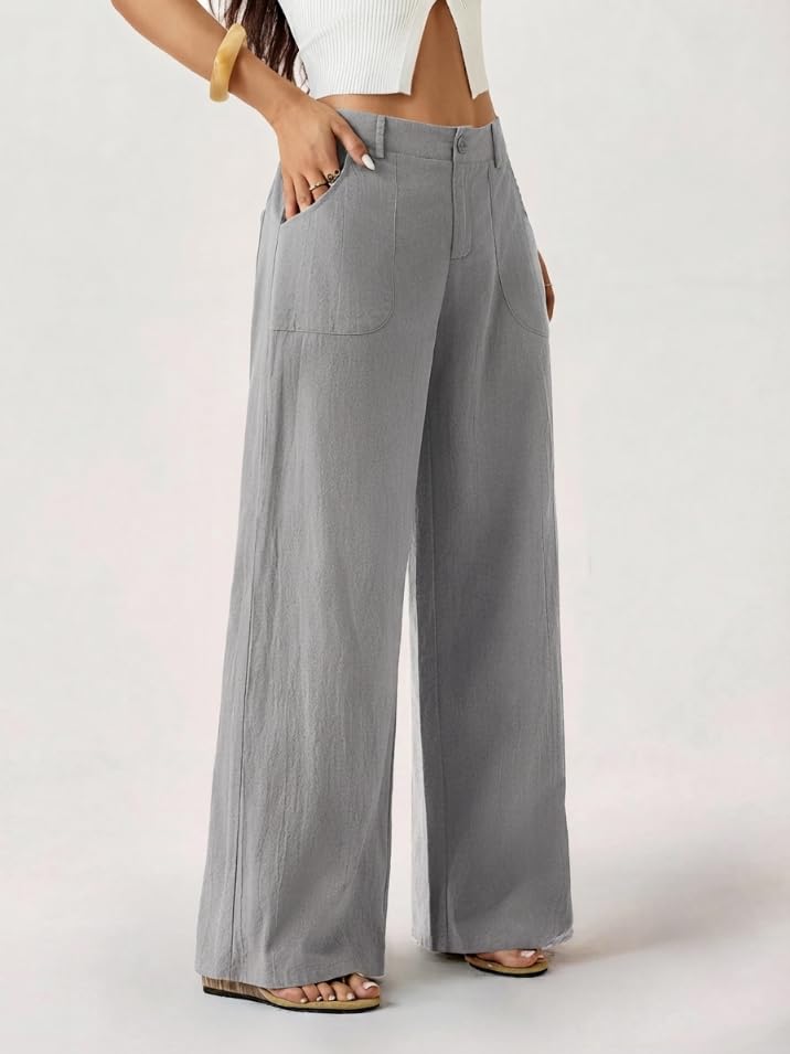 Image of GRECIILOOKS Beige Wide Leg Linen Trousers for Women | High Waist Cotton Baggy Korean Style Casual Pants | Comfortable Formal & Casual Women Trousers