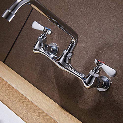 Commercial Kitchen Faucet Utility Wall Mount 8 Inch Center Two Handle Laundry Faucet Industrial Swivel Spout Brass Chrome Stainless Mixer Tap NSF No Lead by Homevacious