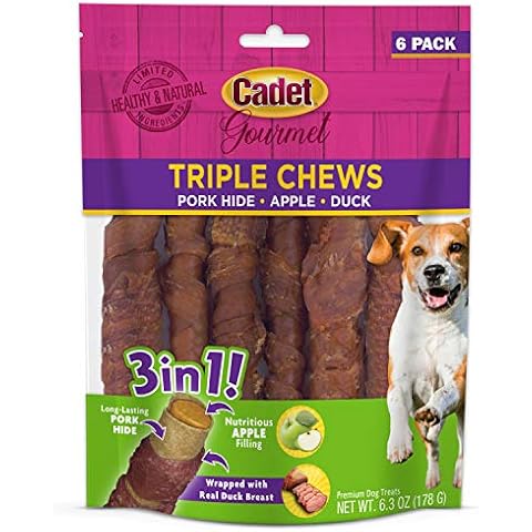 Cadet Gourmet Triple Chews Pork Hide, Apple, & Duck Dog Treats - Healthy Dog Treats for Small & Large Dogs - Inspected & Tested in USA (6 Count) Cover