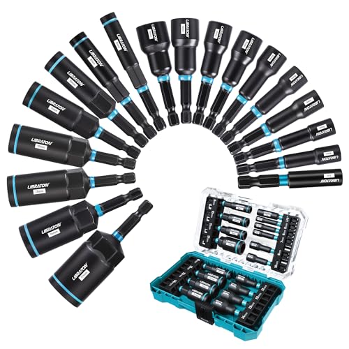 LIBRATON Douille Visseuse Magnétique, Visseuses à Choc 18 Pièces, Douille Profonde, Tourne-écrous Métriques, Douilles 5-14mm et Profondes 6-17mm, Porte-embout,...