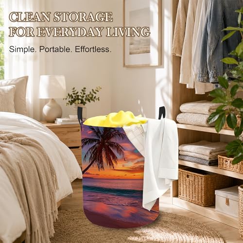 Image of Laundry Hamper, Tropical Beach Collapsible Sunset Palm Laundry Baskets Waterproof Oxford Cloth With Handles, Clothes Storage Bucket For Bathroom /Bedroom 16 inch x 20.8 inch