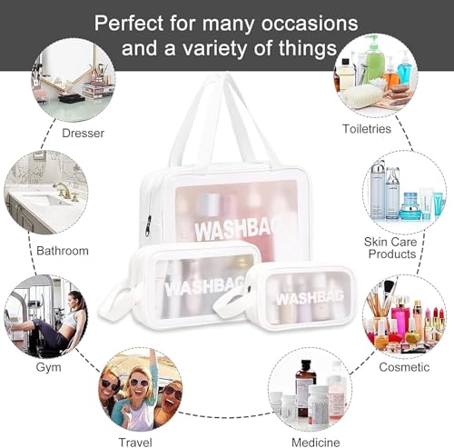 Image of Wazdorf Cosmetic Pouch Bag - Large Waterproof Wash Bag with Handle, Translucent Cosmetic Organizer for Makeup, Brushes & Accessories - Unisex Storage Pouch for Travel & Bathroom Use (White-3 Pcs)