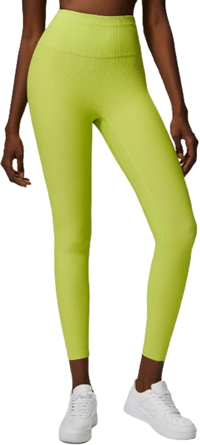 Women's Textured Threaded High Waist Yoga Pants Sports Running Tight Cropped Pants Fitness Widening Trousers Soft Perspiration Slim,Green,XL(Length95CM)