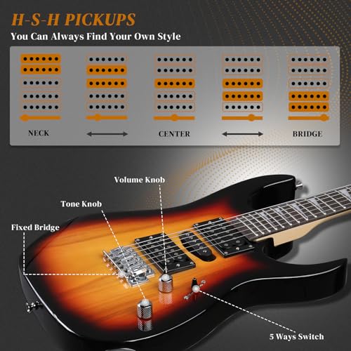 Image of Ktaxon 39 inch Electric Guitar with 20Watt Amp for Beginners, Brown Sunburst