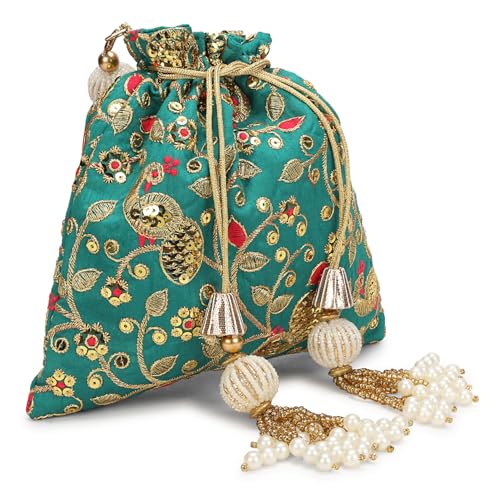Image of LONGING TO BUY Indian Embroidered Pearl Potli Bag For Women, Sequence Design with Tassel, Wedding Potli Bags
