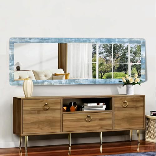 Image of Creative Arts n Frames 15x51 inch Ocena Blue Color Long MDF Wood Wall Hanging Mount HD Mirror Home Decor Items Living Room Bathroom Bedroom Hotel Office (Rustic Blue Color Framed HD Mirror)