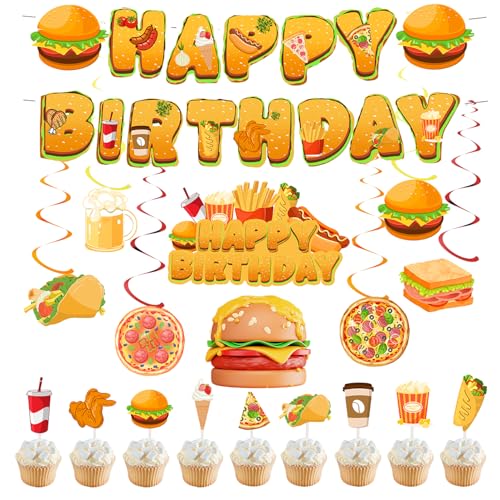 32 piezas de decoración de fiesta de comida rápida, papas fritas, pizza, hamburguesa, pollo frito, perrito caliente, suministros de fiesta, pancarta de cumpleaños, globos patatas fritas,