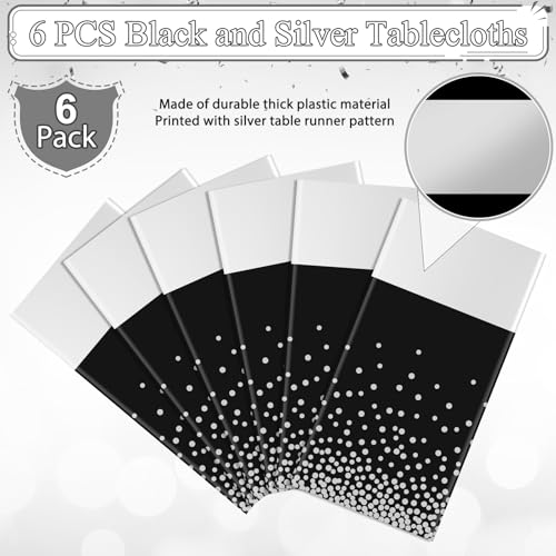 6Pcs Black and Silver Tablecloth Party Decorations,Plastic Black Table Cloth Printed Silver Table Runner Disposable Rectangle Table Cover for Birthday Anniversary Wedding Graduation Party,54 x108 Inch by MASHAN - Image 4