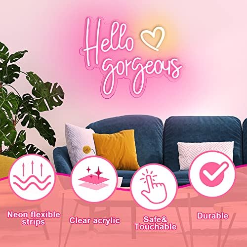 Hello Gorgeous Neon Sign for Bedroom, Wall Decor, Neon Light with Dimmer Switch for Home, Room, Birthday, Art, Bar, Neon Light Sign for Party, Women's Day Gifts, 16.7 x 12.9inch