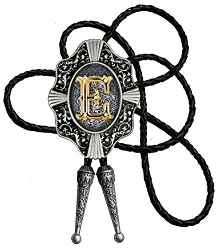 Moranse Golden Initial Letters in Flower Nursery Cowboy Bolo Tie with Cowhide Rope (E Silver, Silver Style)