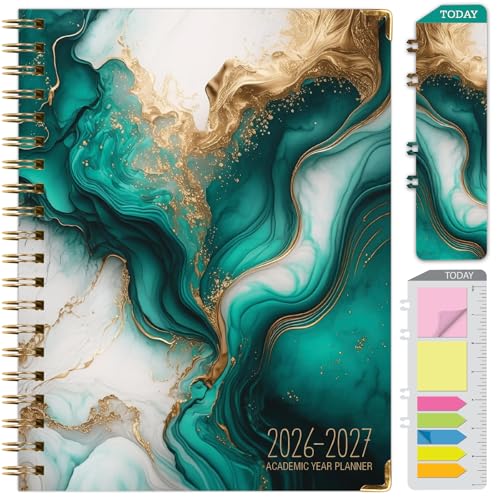 HARDCOVER Academic Year 2026-2027 Planner: 14 Months (May 2026 Through June 2027) 8.5"x 11" Daily Weekly Monthly Planner Yearly Agenda. Bookmark, Pocket Folder and Sticky Note Set (Teal Gold Marble)