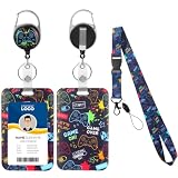 Porta Badge da Collo con Cordino, Porta Badge Retrattile con Portachiavi Cordino Lanyard Staccabile Portabadge Collo Motivo con Console Gioco per Studenti Infermiera Insegnanti Impiegati