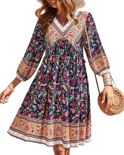 Image of BTFBM Women Casual Spring Summer Dresses V Neck 3 /4 Long Sleeve Ruffle Floral Flowy Boho Babydoll Mini Short Beach Dress