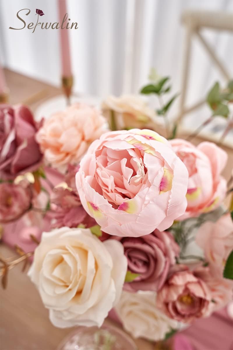 Serwalin Artificial Flowers Pink Wedding Cake Flowers, Fake Dusty Roses Peonies for Bouquets Table Centerpieces Wedding Home Decor, Baby Shower Party Flowers with Stems DIY Combo - Image 7