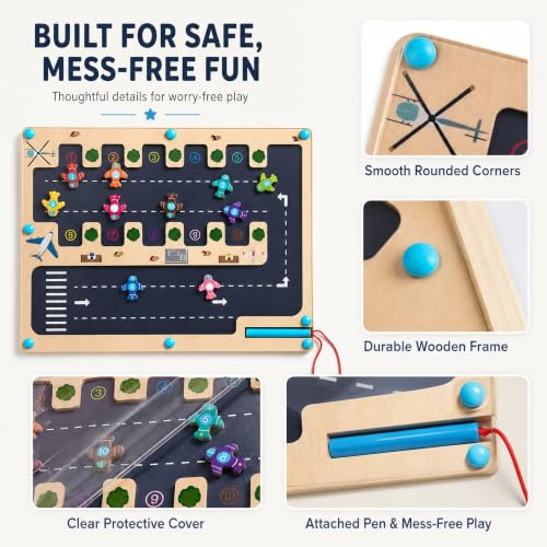 Image of Magnetic Number Maze Toy for Toddlers Ages 3-5, Wooden Airport Parking Puzzle with Magnetic Pen, Montessori Counting & Number Matching Learning Toy, Fine Motor Skills Activity for Boys Girls 3 4 5
