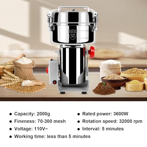 Grain Mill Grinder Electric Flour, 2000g Corn Fine Powder Rice Grinder Wheat Mill for Home Kitchen Commercial Stainless Steel Spice Food Pepper Coffee Beans (Swing Type)
