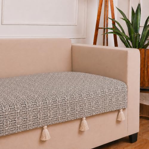 Image of STITCHNEST 'Nomad Weave Collection' 1 Seater Sofa Cover|Elegant Jacquard Fabric, Decorative Tassels, Washable & Durable for Modern Living18
