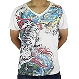 WORK Japanese Contemporary Tattoo Art Dragon Tiger Yakuza Men White T-Shirt WK182 Size Medium