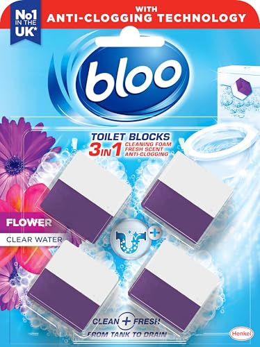 Bloo 3in1 Toilet Blocks Pack of 4 Toilet Limescale Remover Cistern Block Toilet Cleaner Block with Cleaning and Foaming Action Toilet Fresheners Fresh Flowers