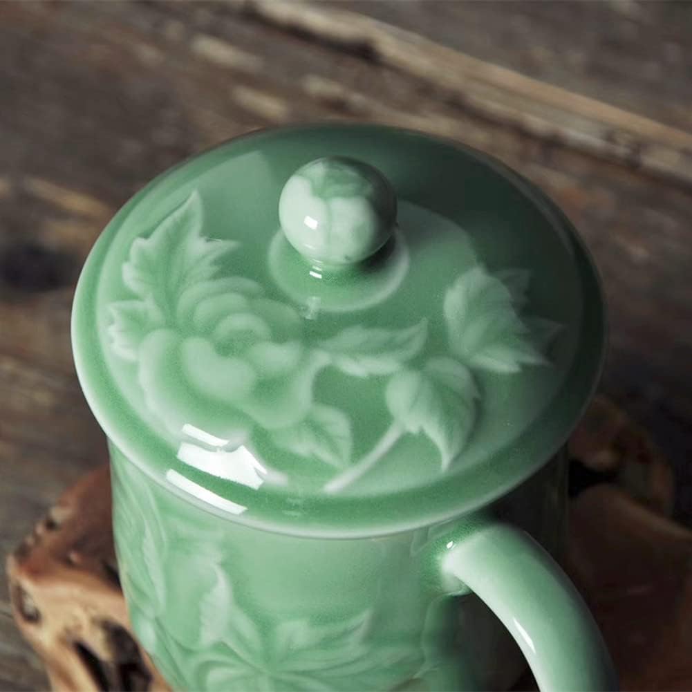 Teacups 13oz Coffee Mugs with Lid Porcelain Cups Embossed with Peony Chinese Celadon(01-Green) - Image 6
