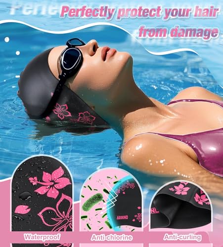 image for Aegend Swim Caps for Long Hair, Durable Silicone Swimming Caps for Wom