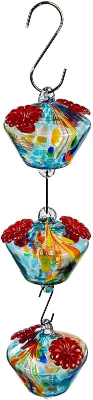 Evergreen Garden - Juego de 3 comederos para pájaros y colibríes con cadena para colgar en cristal, resistente a la decoloración y a la intemperie, decoración interior y exterior para hogares, patios y jardines (azul y amarillo)
