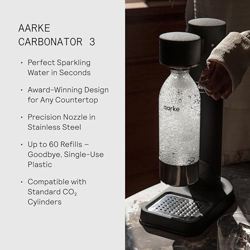 Image of Aarke Carbonator 3 - Sparkling Water Maker & CO2 Cylinder, Matte Black | CO2 Cylinder Included, Stainless Steel, Cordless Soda Maker for Home, Carbonated Water Machine, BPA-free PET Bottle Included