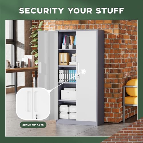 Image of Greenvelly Metal Storage Cabinet, 72 inch Locking Metal Garage Storage Cabinet with Doors and 4 Adjustable Shelves, Lockable Steel Cabinet for Home Office, Garage, Shop, School (White Grey 32 inch W x 16 inch D)