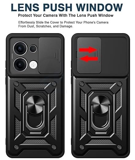 Image of SPAZY CASE Oppo K13 5g Back Cover | Heavy Duty Hybrid Case with 360 Degree Rotating Finger Ring Holder + Slider Shutter Camera Protection Case for Oppo K13 5g - Black