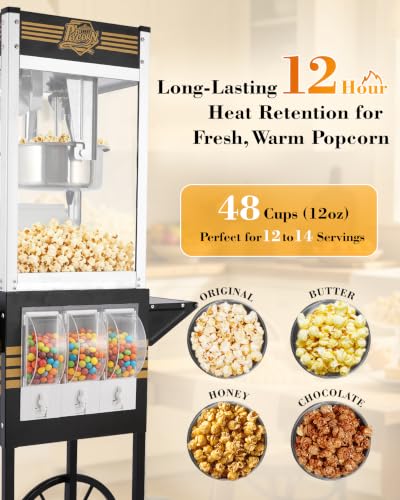 Image of 12 Oz Popcorn Machine with Candy Dispenser for Home Party Office | Black, Stainless-Steel, Vintage Commercial Popcorn Maker with Storage Cabinet, Movie Theater Style, Makes Up to 32 Cups