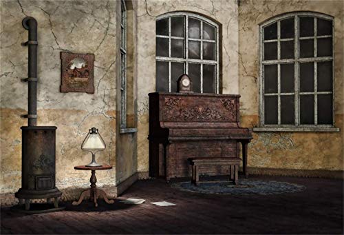 12x8ft Retro Saloon Hintergrund Rural Lounge Interior Riss Wand Holzfußboden Vintage Piano Old Herd Ofen Lampe Foto Hintergrund Foto Studio