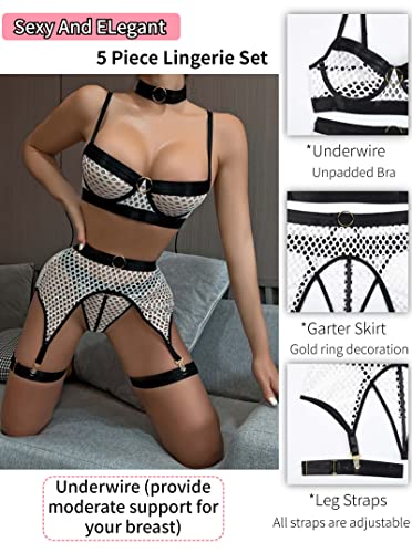 Dewinya Womens 5Pc Fishnet Lingerie Sets - Choker, Underwire Bra, Hight Waisted Garter Skirt, Thong, Leg Straps, White, Large #TOP1