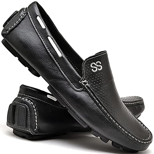 Mocassim Masculino Couro Com Detalhes Microfuros e Bordado