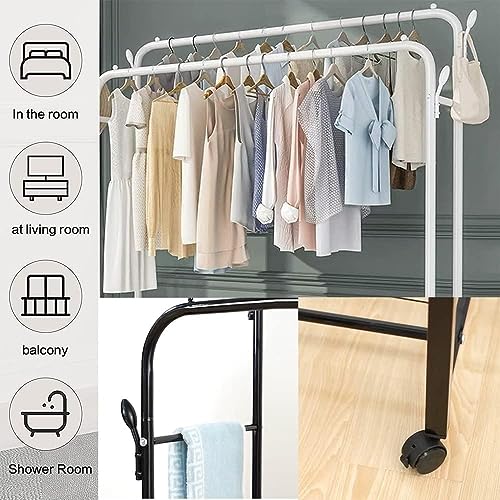 Image of HomeCloud Cloth Drying Stand | Multipurpose Dual Rod + Wheels Garments Rack with Bottom Shelf for Coat Hanger Home, Storage Organizer 1pc (Black Shelves)