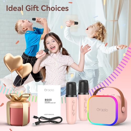 Image of Oraolo Karaoke Machine with 2 Wireless Microphones, Portable Mini Karaoke for Kids, Speaker Support Multi-Channel Connection, Funny Magical Sound Modes, Birthday Gifts for Girls Boys (Pink
