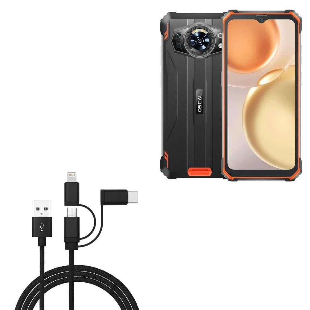 BoxWave Cable Compatible with Blackview Oscal S80 - AllCharge 3-in-1 Cable - Jet Black