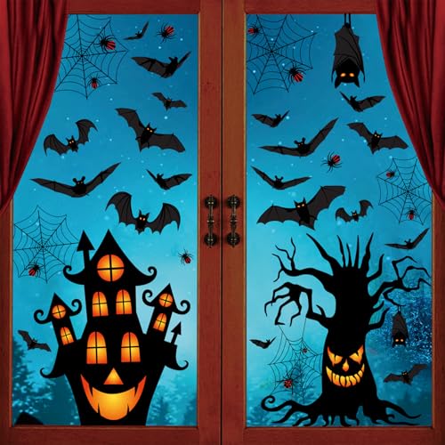 63PCS Halloween Window Stickers Clings - Double-Sided Reusable Decor | No Glue Ghosts Bats Pumpkins for Bay Windows & Doors (A4 Sheets Weatherproof)