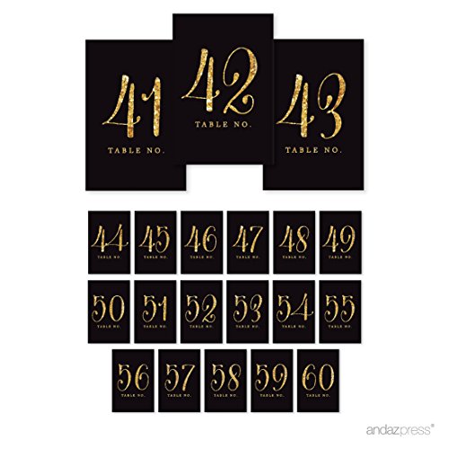 Andaz Press Table Numbers 41-60, Gold Glitter Print, 4X6-Inch Single-Sided Cardstock Sign, Black, 1-Set Glitter Cardstock Numbers Black And Gold Table Numbers 41-60