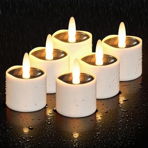 HL Solar Tea Lights Outdoor Waterproof 6PCS 2.4x2 Flickering Flameless Candles Dusk to Dawn Rechargeable Battery LED Votive Tea Lights for Lantern Garden Camping Home Decor (Warm White)