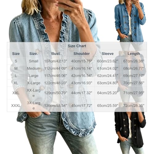 TANGNADE Jean Jacket Women Fall Vintage Open Front Ruffled Denim Jackets - image 3