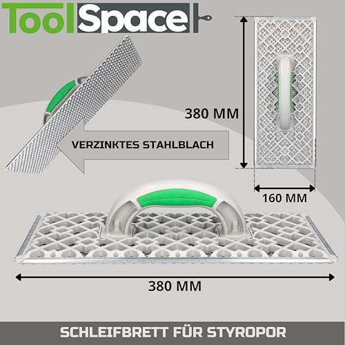 ToolSpace GROß Styropor Raspel Schleifbrett Schleifer 380x160mm Raspelbrett Styroporraspel Styroporschaber Reibebrett Kunststoff Verzinkt Stahlblech Nivellieren von Styroporplattenstößen