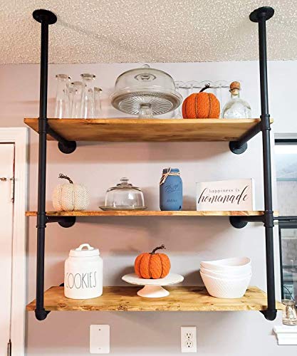 Luckin 5-Tiers Industrial Pipe Shelving Kit For Diy 74” Ceiling Wall Mount Open Bookcases, 2 Pc Rustic Iron Pipe Shelf Bracket Fit 12 Inch Standard Board, Matte Black #TOP7