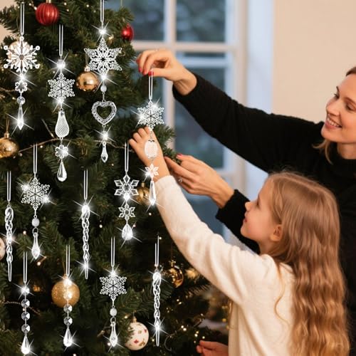Crystal Ornaments Christmas Tree Decorations - 21pcs Christmas Tree Ornaments Sparkling Dazzling Festival Party Decoration Crystal Snowflake Design Hanging Ornament Holiday Season Home Decor - Image 4